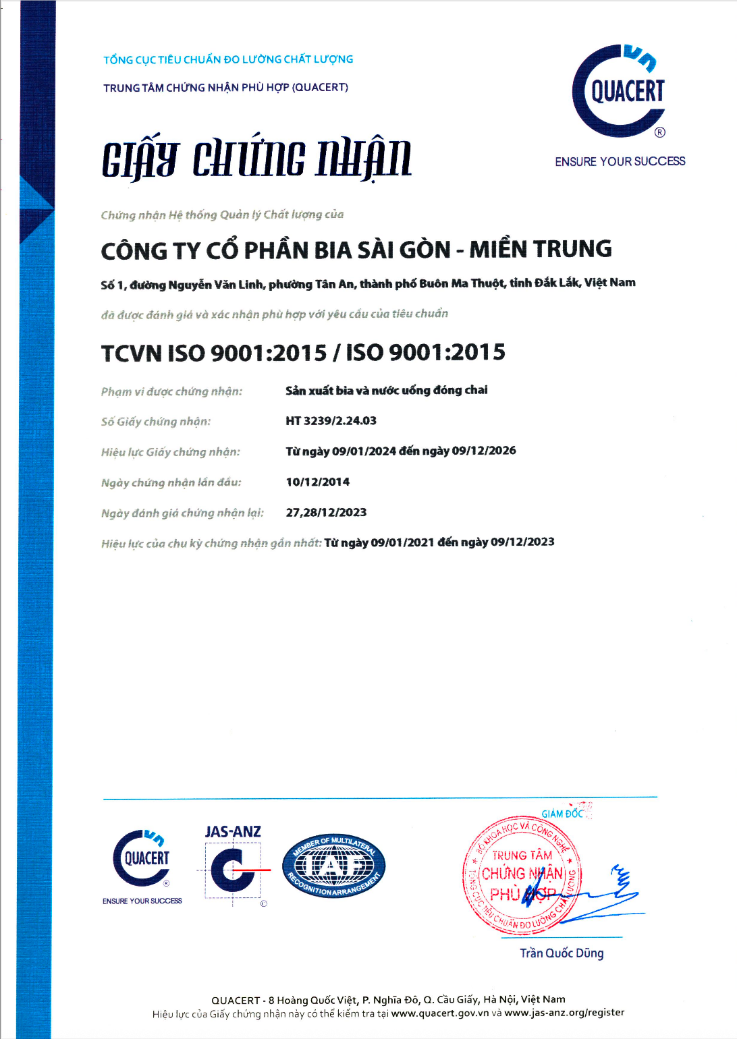 Chứng nhận ISO 9001:2015 - Nước Giải Khát Bia Sài Gòn - Miền Trung - Công Ty CP Bia Sài Gòn - Miền Trung